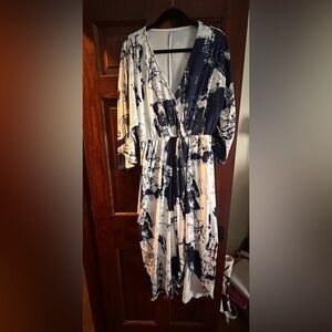 Elegant Blue and White Wrap Dress